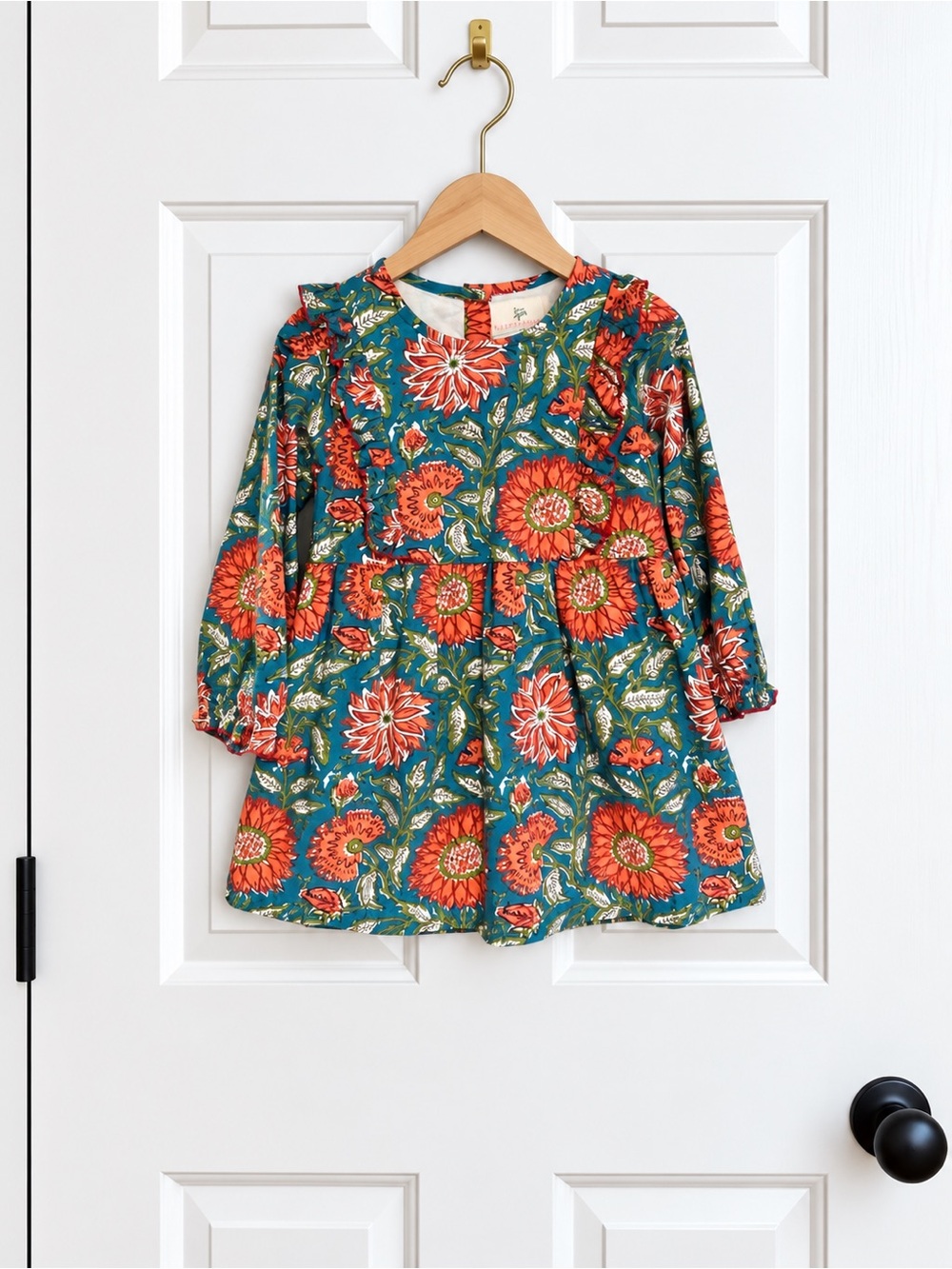Smockingbird Girls 2T Teal Coral Floral Ruffle Long Sleeve Cotton Dress